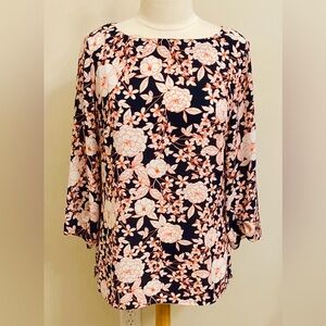 Banana Republic Black Orange Floral 3/4 Ruched Sleeve Business Career Top Size M